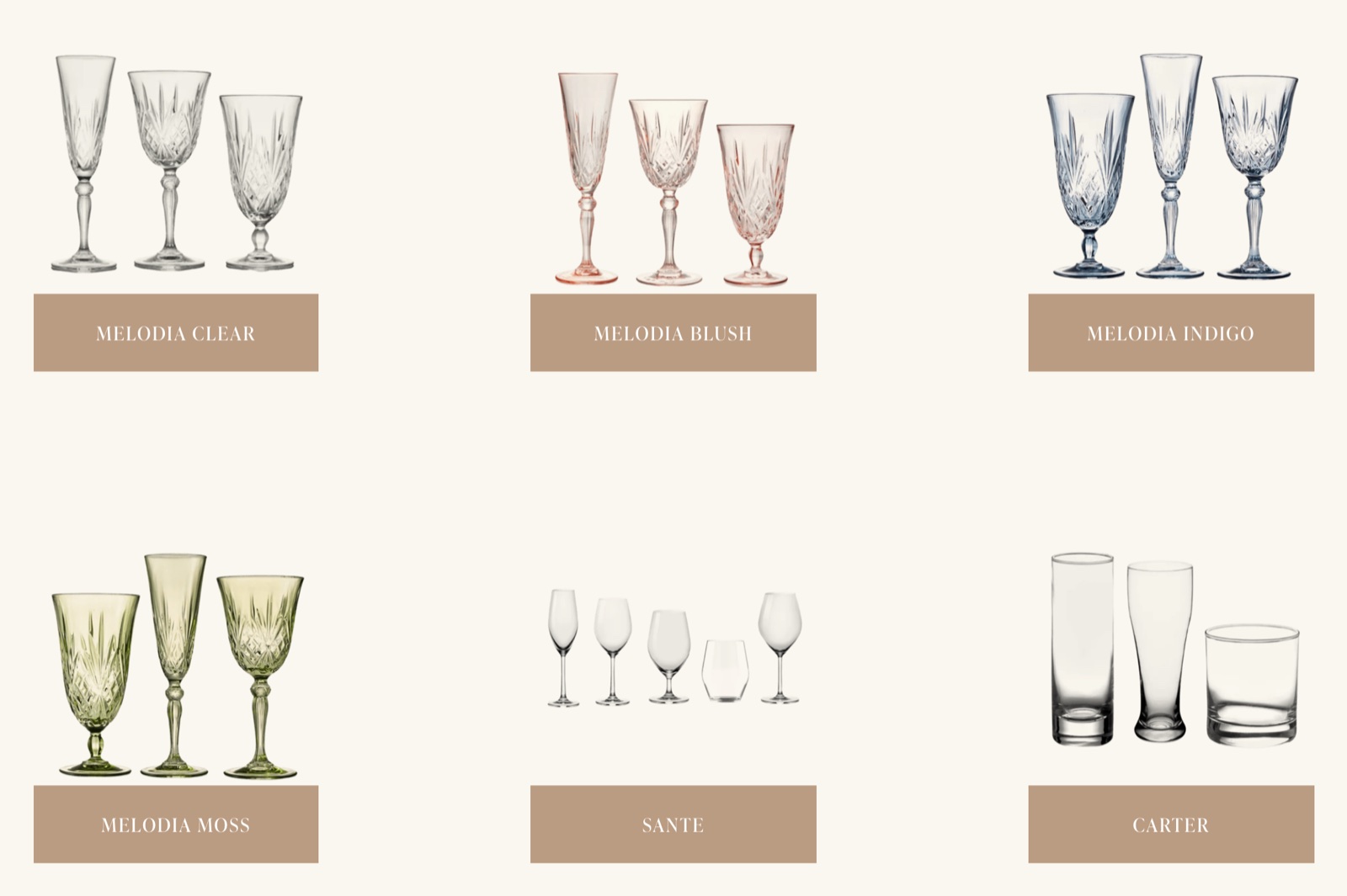 Screenshot from the live Mack Hatcher Events site: the Glassware category page showing glassware collections, each with the client's brown button style