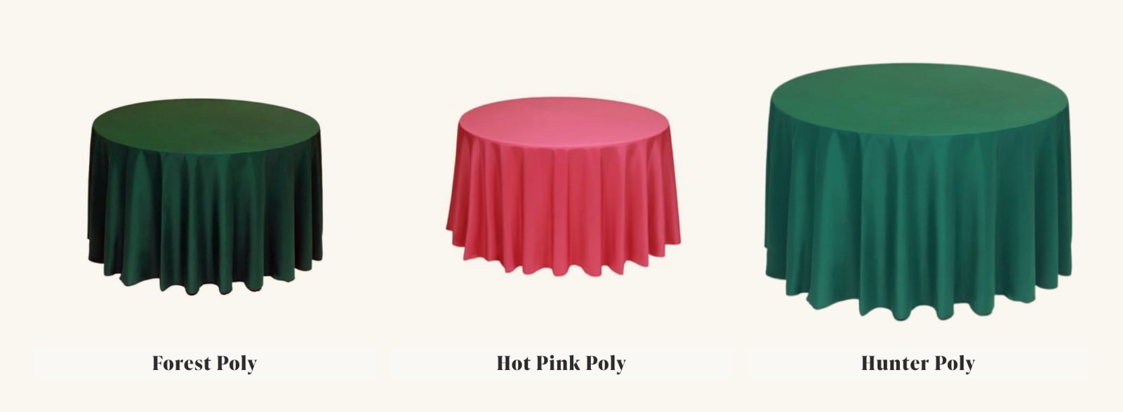 Screenshot from the live Mack Hatcher Events site: the Poly linen page showing each color (Forest, Hot Pink, Hunter) as its own card