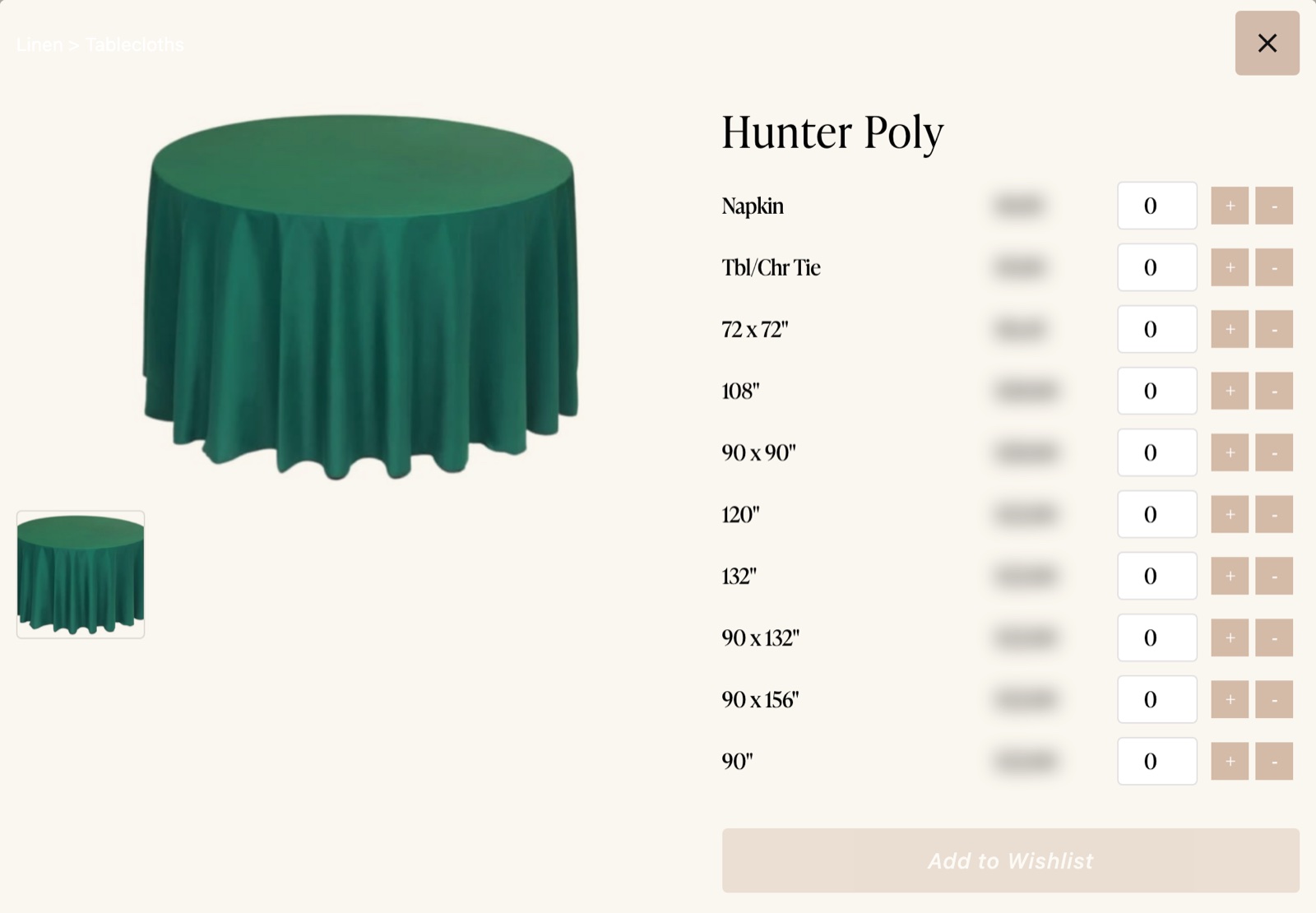 mh-live-popup-desktop-v2 Screenshot from the live Mack Hatcher Events Squarespace site: the Easy Pop Select popup for Hunter Poly linen, listing every size with a quantity selector and an Add to Wishlist button